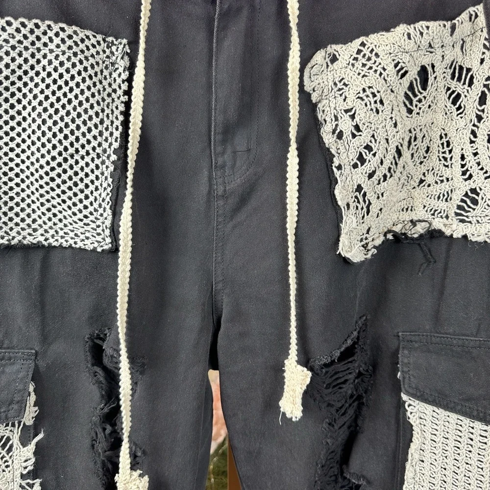 🆕 POL Crochet Patchwork Black Distressed Jogger Pants w/Lace and Knit Accents